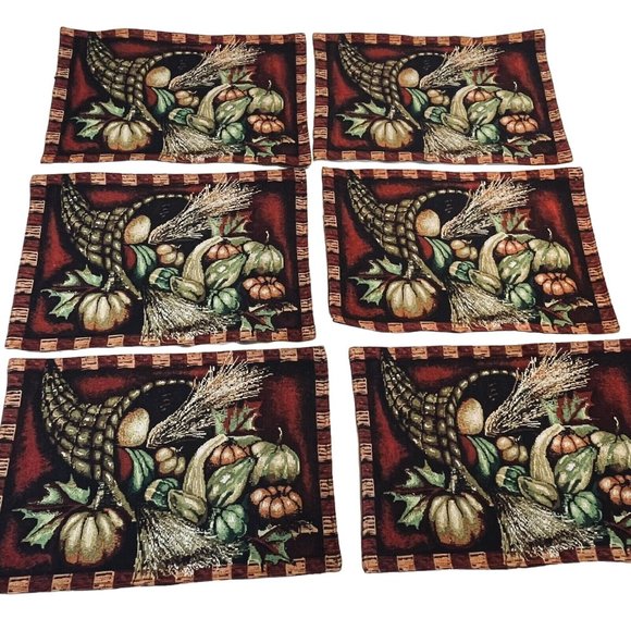 Arlee Home Fashions Set 6 Fall Harvest Burgundy Tapestry Placemats Cornucopia - Picture 1 of 6